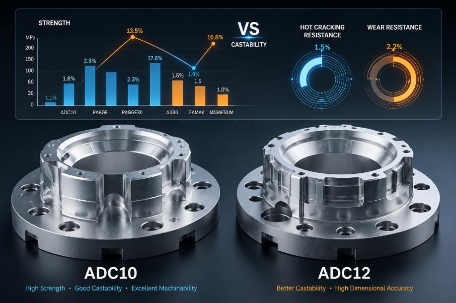 ADC12 có hàm lượng Silic và Đồng cao hơn, giúp tăng độ cứng, tính đúc và độ chảy lỏng so với ADC10